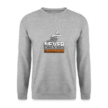 NEVER SURRENDER (Orange) + DNA - Gaming - Unisex Pullover - Weißgrau meliert - Vorne - Alina (178cm) & Michal (187cm)