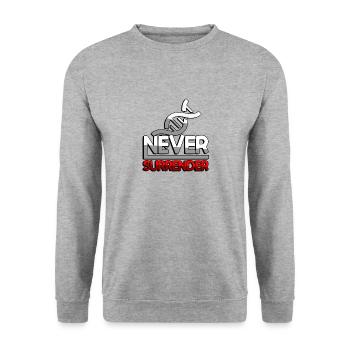 NEVER SURRENDER (Rot) + DNA - Gaming - Unisex Pullover - Weißgrau meliert - Vorne - Alina (178cm) & Michal (187cm)