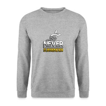 NEVER SURRENDER (Gelb) + DNA - Gaming - Unisex Pullover - Weißgrau meliert - Vorne - Alina (178cm) & Michal (187cm)