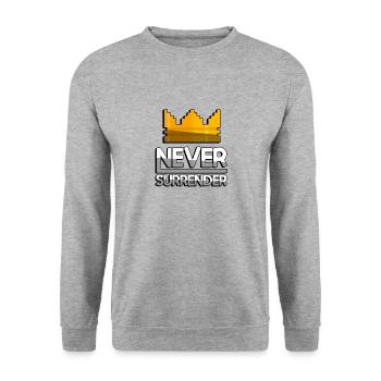 NEVER SURRENDER (White) + King Crown - Gaming - Unisex Sweatshirt - salt & pepper - Front - Alina (178cm) & Michal (187cm)