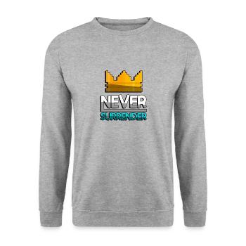 NEVER SURRENDER (Türkis) + King Crown - Gaming - Unisex Pullover - Weißgrau meliert - Vorne - Alina (178cm) & Michal (187cm)