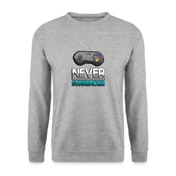 NEVER SURRENDER (Türkis)+ SNES Controller - Gaming - Unisex Pullover - Weißgrau meliert - Vorne - Alina (178cm) & Michal (187cm)