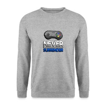 NEVER SURRENDER (Blue) + SNES Controller - Gaming - Unisex Sweatshirt - salt & pepper - Front - Alina (178cm) & Michal (187cm)