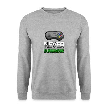 NEVER SURRENDER (Grün) + SNES Controller - Gaming - Unisex Pullover - Weißgrau meliert - Vorne - Alina (178cm) & Michal (187cm)