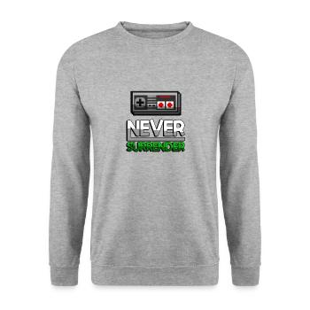 NEVER SURRENDER (Grün) + NES Controller - Gaming - Unisex Pullover - Weißgrau meliert - Vorne - Alina (178cm) & Michal (187cm)