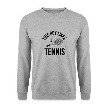Junge mag Tennisball, Sportplatz, Hobby - Unisex Pullover - Weißgrau meliert - Vorne - Alina (178cm) & Michal (187cm)