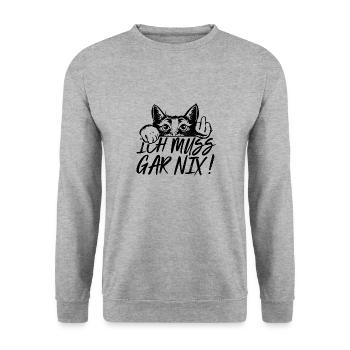 Ich muss gar nix Katze Mittelfinger lustig - Unisex Pullover - Weißgrau meliert - Vorne - Alina (178cm) & Michal (187cm)