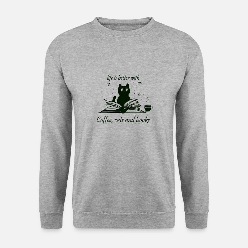 Leben mit Bücherlesen, Katzen und Kaffee - Unisex Pullover - Weißgrau meliert