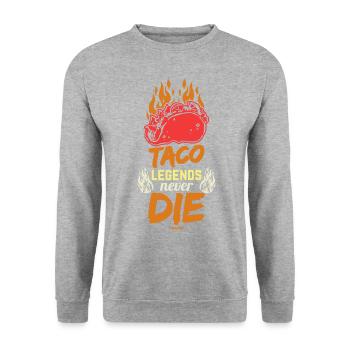 Taco Legends Never Die - Unisex Pullover - Weißgrau meliert - Vorne - Alina (178cm) & Michal (187cm)