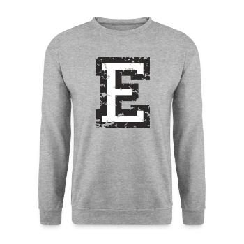 E (Vintage Weiß) Buchstabe E - Unisex Pullover - Weißgrau meliert - Vorne - Alina (178cm) & Michal (187cm)