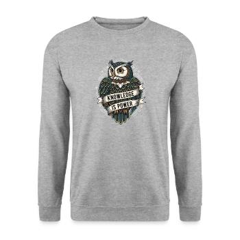 Eule Knowledge is Power Vintage Illustration - Unisex Pullover - Weißgrau meliert - Vorne - Alina (178cm) & Michal (187cm)