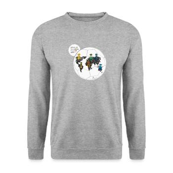 Fußball verbindet Welten- Die Hüter von Orbis - Unisex Pullover - Weißgrau meliert - Vorne - Alina (178cm) & Michal (187cm)