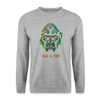 Animal Print Gorilla Wild & Frei Design by vauART - Unisex Pullover - Weißgrau meliert - Vorne - Alina (178cm) & Michal (187cm)