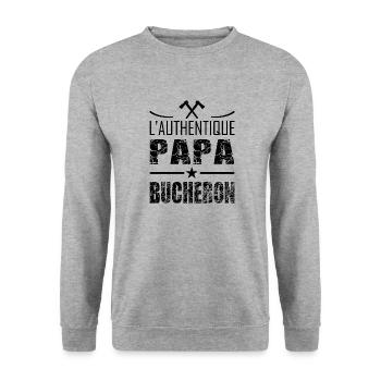 L'authentique papa bûcheron t-shirt papa cadeau - Sweat-shirt Unisexe - gris chiné - Devant - Alina (178cm) & Michal (187cm)