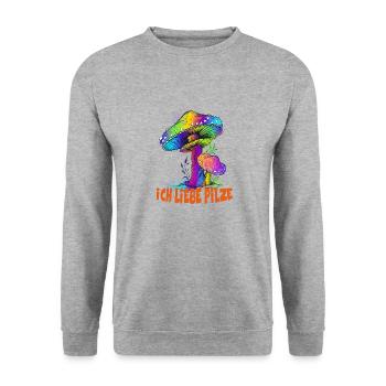 Ich liebe Pilze, bunte Pilze, Pilz, Geschenkidee - Unisex Pullover - Weißgrau meliert - Vorne - Alina (178cm) & Michal (187cm)