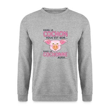 cochon cochonne tout est bon humour couple sexe - Sweat-shirt Unisexe - gris chiné - Devant - Alina (178cm) & Michal (187cm)
