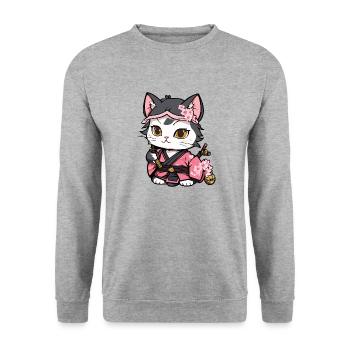Samurai Cat & Cherry Blossoms #12 - Unisex Sweatshirt - salt & pepper - Front - Alina (178cm) & Michal (187cm)