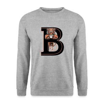 Buchstabe b Tiger - Geschenkidee - Unisex Pullover - Weißgrau meliert - Vorne - Alina (178cm) & Michal (187cm)