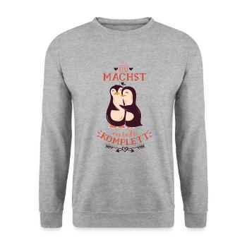 Du machst mich komplett mein Pinguin - Unisex Pullover - Weißgrau meliert - Vorne - Alina (178cm) & Michal (187cm)