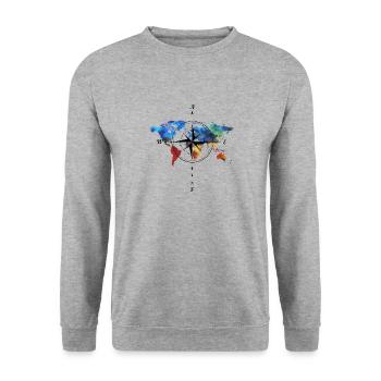 Kompass mit Weltkarte - Unisex Pullover - Weißgrau meliert - Vorne - Alina (178cm) & Michal (187cm)