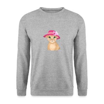 Katze mit Hut und Blume - Unisex Pullover - Weißgrau meliert - Vorne - Alina (178cm) & Michal (187cm)