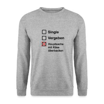 Single Vergeben Hauptsache mit Käse überbacken - Unisex Pullover - Weißgrau meliert - Vorne - Alina (178cm) & Michal (187cm)