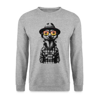 Hipster Erdmännchen mit Sonnenbrille & Kopfhörern - Unisex Pullover - Weißgrau meliert - Vorne - Alina (178cm) & Michal (187cm)