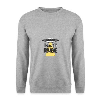 I want to belive - T-Shirt Print for him or her - Unisex Pullover - Weißgrau meliert - Vorne - Alina (178cm) & Michal (187cm)