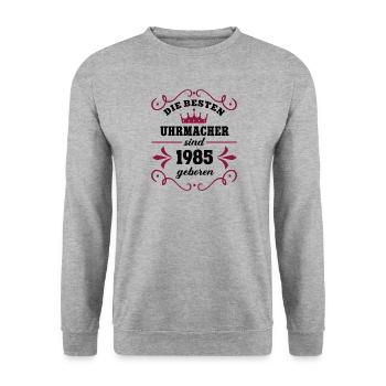 Uhrmacherin Geburtstag Jahrgang 1985 Kollegin - Unisex Pullover - Weißgrau meliert - Vorne - Alina (178cm) & Michal (187cm)