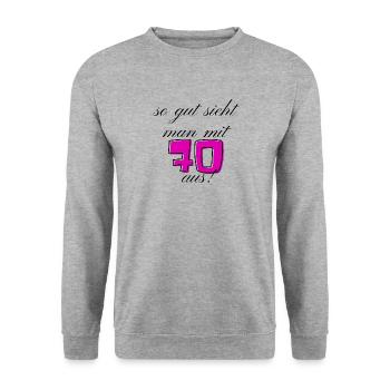 70. Geburtstag - Unisex Pullover - Weißgrau meliert - Vorne - Alina (178cm) & Michal (187cm)