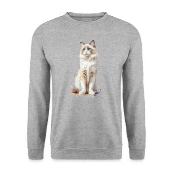 Majestätischer Flaum: Eine Ragdoll-Katze in Aquarell - Unisex Pullover - Weißgrau meliert - Vorne - Alina (178cm) & Michal (187cm)