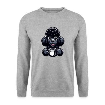 Pudel und Kaffee Frühaufsteher Motiv - Unisex Pullover - Weißgrau meliert - Vorne - Alina (178cm) & Michal (187cm)