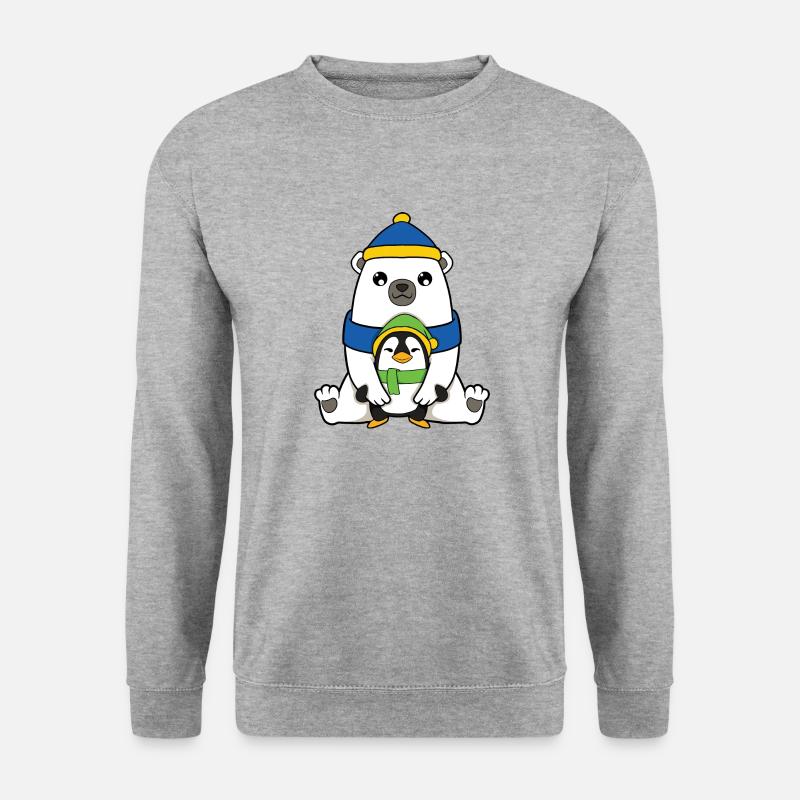 Eisbär mit Pinguin - Unisex Pullover - Weißgrau meliert