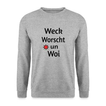 Weck Worscht un Woi - Unisex Pullover - Weißgrau meliert - Vorne - Alina (178cm) & Michal (187cm)
