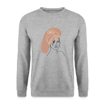 "Lady with Scarf", Boho Line Art Design, "Faces" - Unisex Sweatshirt - salt & pepper - Front - Alina (178cm) & Michal (187cm)