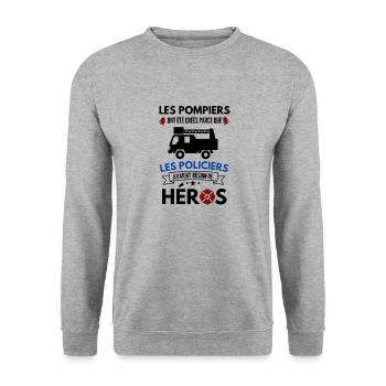 Humour pompiers et policiers - Sweat-shirt Unisexe - gris chiné - Devant - Alina (178cm) & Michal (187cm)