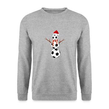 Lustiger Weihnachtsfußball-Schneemann - Unisex Pullover - Weißgrau meliert - Vorne - Alina (178cm) & Michal (187cm)
