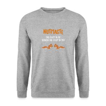 Yoga - Nüsse - Lustig - Geschenk - Entspannung - Unisex Pullover - Weißgrau meliert - Vorne - Alina (178cm) & Michal (187cm)