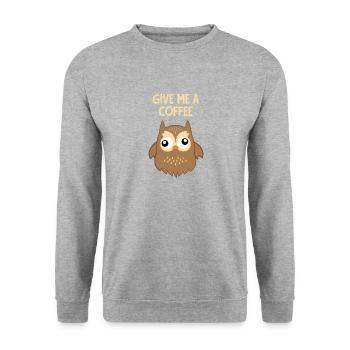 Kaffee - Eule - süchtig - Lustig - Geschenk - Unisex Pullover - Weißgrau meliert - Vorne - Alina (178cm) & Michal (187cm)