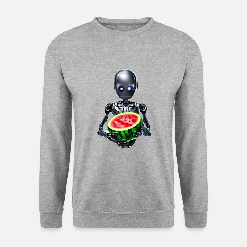 Roboter und Wassermelone - Unisex Pullover - Weißgrau meliert