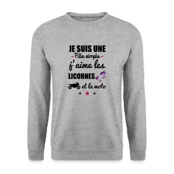 Fille simple licorne moto, motarde, cadeau licorne - Sweat-shirt Unisexe - gris chiné - Devant - Alina (178cm) & Michal (187cm)