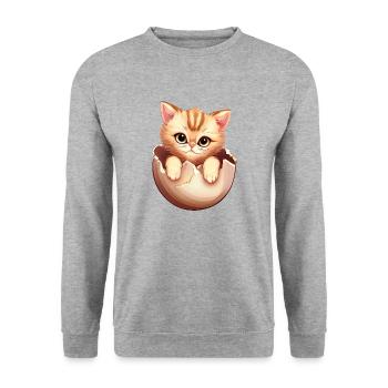Katzenbaby Schlüpft aus Ei, Süßes Tierdesign - Unisex Pullover - Weißgrau meliert - Vorne - Alina (178cm) & Michal (187cm)
