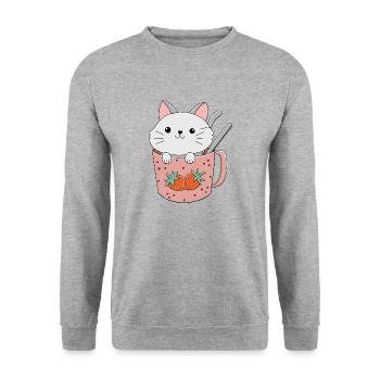 niedliche Kawai Katze in einer Tasse - Unisex Pullover - Weißgrau meliert - Vorne - Alina (178cm) & Michal (187cm)