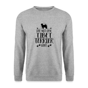DER MIT TIBET TERRIER GEHT Hunde Spruch Wilsigns - Unisex Pullover - Weißgrau meliert - Vorne - Alina (178cm) & Michal (187cm)