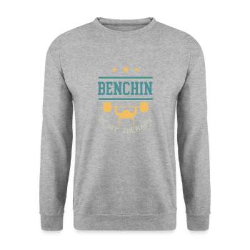 Ironisches Fitness-Zitat: Bankdrücken als - Unisex Pullover - Weißgrau meliert - Vorne - Alina (178cm) & Michal (187cm)