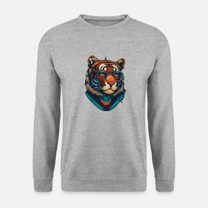 Tiger als Nerd mit Buch - Unisex Pullover - Weißgrau meliert