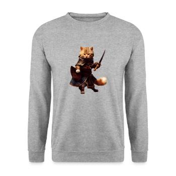 Katze mit Mantel und Degen als tapferer Pirat - Unisex Pullover - Weißgrau meliert - Vorne - Alina (178cm) & Michal (187cm)