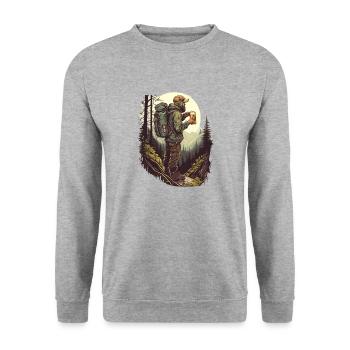 Wanderer in der Natur mit Bier bergen und Wald - Unisex Pullover - Weißgrau meliert - Vorne - Alina (178cm) & Michal (187cm)