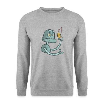 Roboter mit Vogel - Unisex Pullover - Weißgrau meliert - Vorne - Alina (178cm) & Michal (187cm)