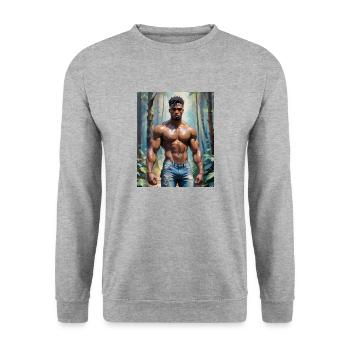 Hübsche Männer mit muskulösem Körper – in der Natur - Unisex Pullover - Weißgrau meliert - Vorne - Alina (178cm) & Michal (187cm)